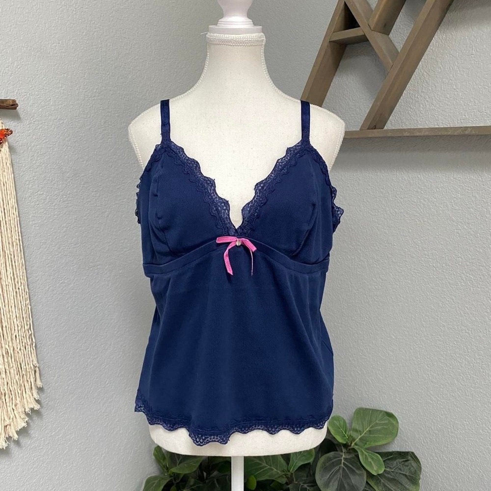 ADORE ME NAVY BLUE LACE TRIM CAMI TOP PINK BOW DETAIL COQUETTE FEMME FATALE